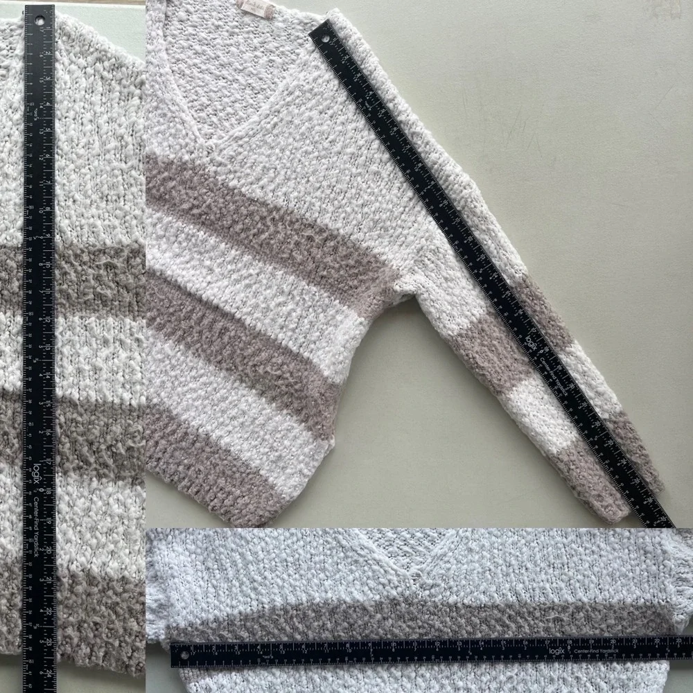 Altar'd State Womens M Cream Taupe Striped Popcorn Knit V-Neck Sweater Boho Cozy